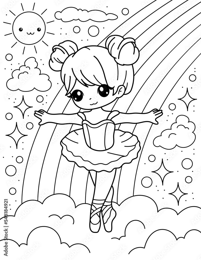 cute ballerina is dancing on a cloud with a rainbow. Coloring book with ...