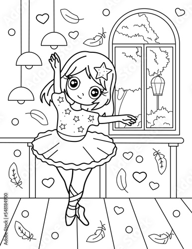 Cute ballerina class room. Coloring book with ballerina. Dancing. Black and white vector illustration.