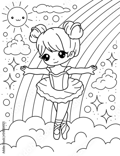  cute ballerina is dancing on a cloud with a rainbow. Coloring book with ballerina. Dancing. Black and white vector illustration.