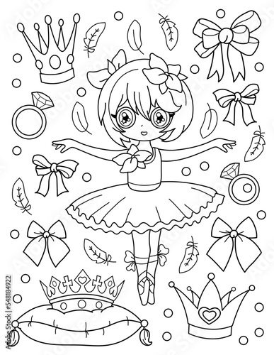 Cute ballerina with crowns and bows. Coloring book with ballerina. Dancing. Black and white vector illustration.
