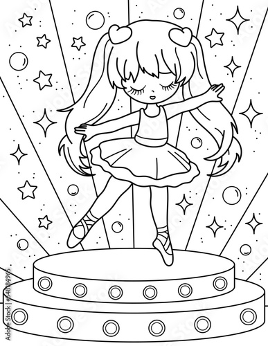 Cute ballerina on stage with light bulbs. Coloring book with ballerina. Dancing. Black and white vector illustration.