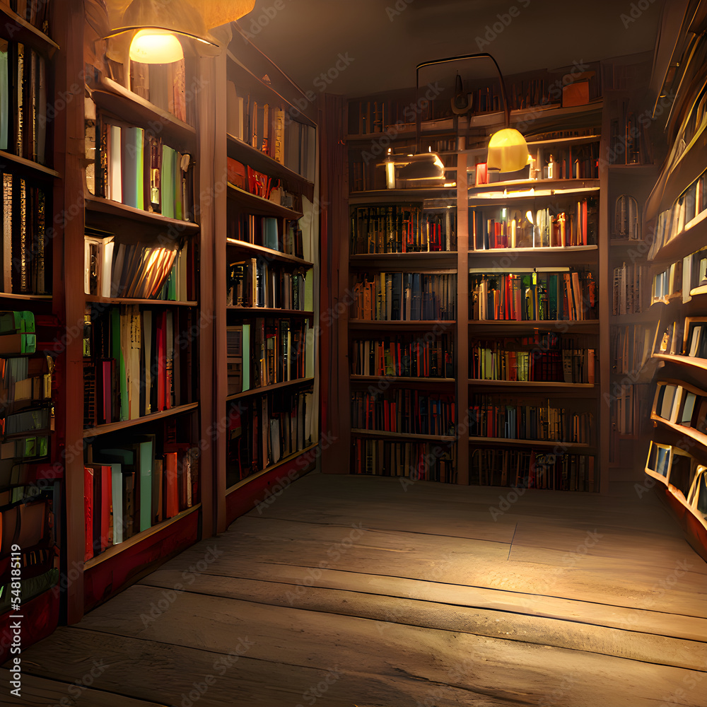 図書館、書店、本がたくさん並んだ棚