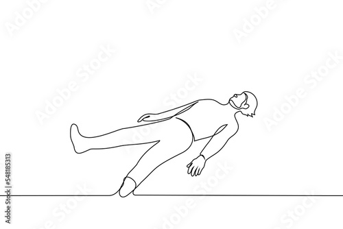 man lies on his back on the ground or floor - one line drawing vector. The concept of lying unconscious, sleeping, dead man