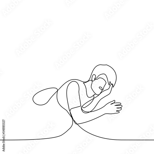 man sleeping on his side with his hand instead of a pillow - one line drawing vector. concept to sleep without a pillow, dormouse
