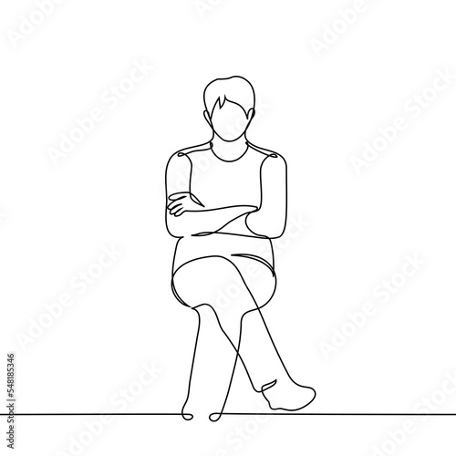 man sitting with crossed arms and legs - one line drawing vector