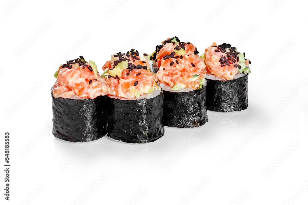 Makizushi with smoked salmon, cucumber, avocado and black sesame Makizushi with smoked salmon, cucumber, avocado and black sesame