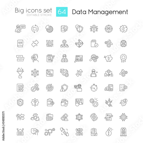 Data management linear icons set. System analytics. Information storage optimization. Customizable thin line symbols. Isolated vector outline illustrations. Editable stroke. Quicksand-Light font used