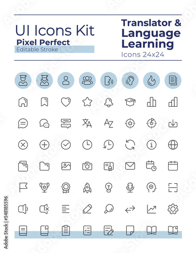 Translator pixel perfect linear ui icons set. Language learning. Communication. Machine translation. Outline isolated user interface elements. Editable stroke. Montserrat Bold, Light fonts used