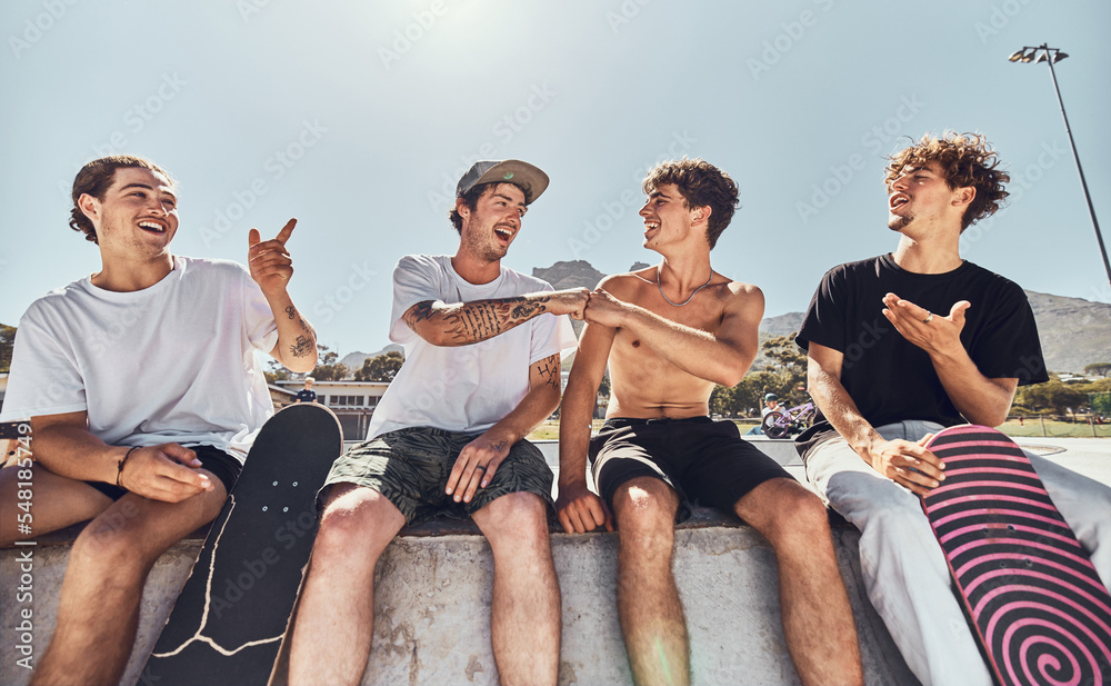 Young men, skater and skateboard, relax outdoor in skate park, urban and  skateboarder friends in city. Friendship, extreme sport and fitness, trendy  and youth talking while skating together. Photos | Adobe Stock