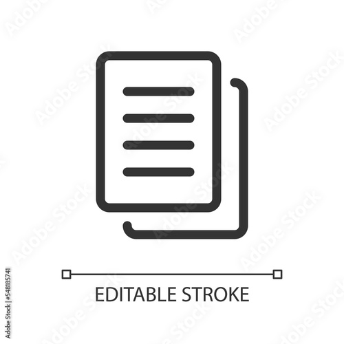 Copy pixel perfect linear ui icon. Duplicate document. Translator feature. Save to cache. GUI, UX design. Outline isolated user interface element for app and web. Editable stroke. Arial font used © bsd studio