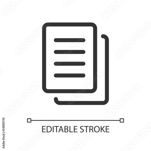 Copy pixel perfect linear ui icon. Duplicate document. Translator feature. Save to cache. GUI, UX design. Outline isolated user interface element for app and web. Editable stroke. Arial font used