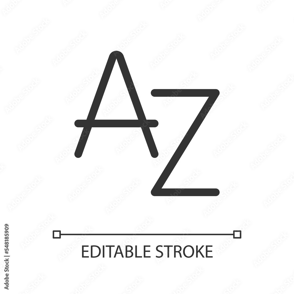 English alphabet pixel perfect linear ui icon. Vocabulary and