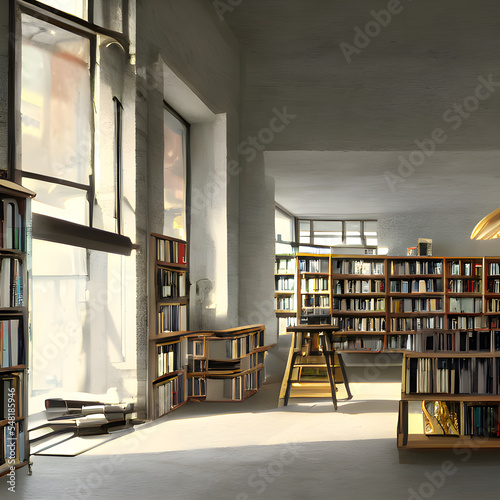 図書館、書店、本がたくさん並んだ棚