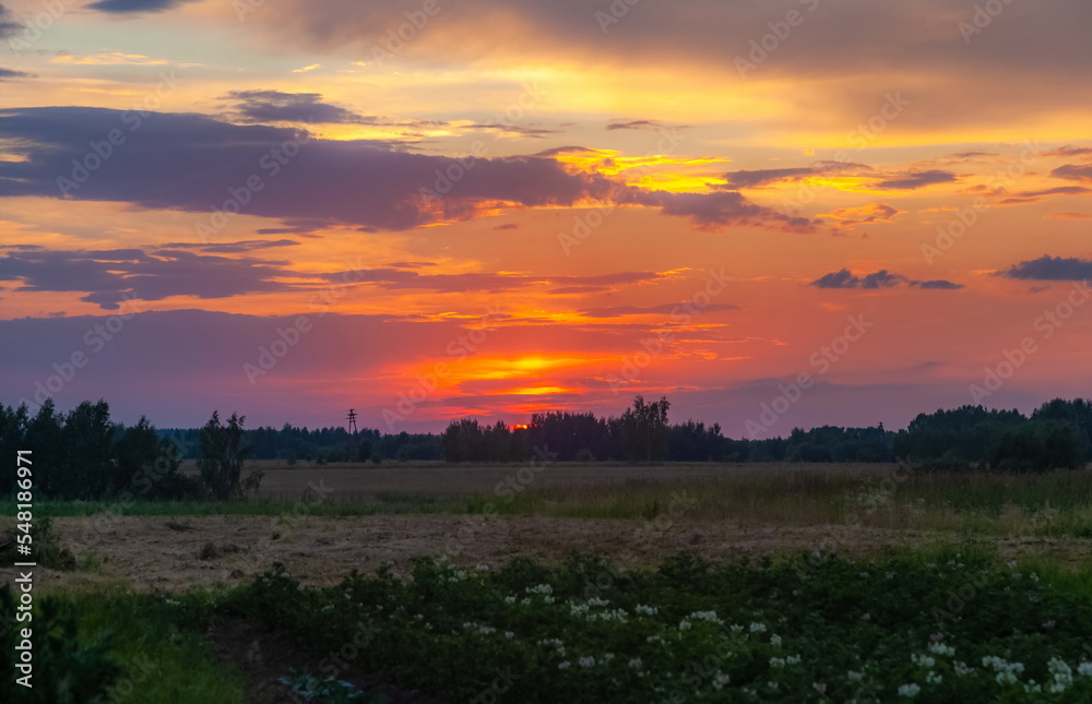 Landscape with sunset in the village in summer