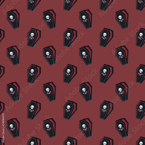 Creepy Christmas coffin seamless pattern on a red background. Christmas and New Year digital paper design.