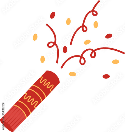 Exploding party popper with colorful confetti and serpentine isolated on white background. Element of celebration Birthday, New Year, Christmas. Vector flat illustration