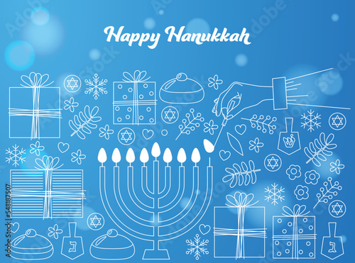 Hanukkah blue background with wooden dreidels, donuts, gift boxes and menorah (traditional Candelabra). Happy Hanukkah, Jewish holiday background