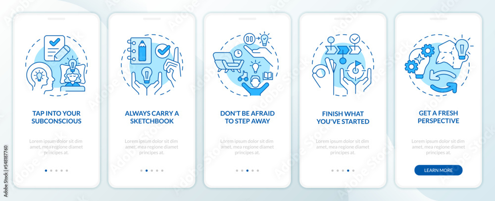 Remove barriers to inspiration tips blue onboarding mobile app screen. Walkthrough 5 steps editable graphic instructions with linear concepts. UI, UX, GUI template. Myriad Pro-Bold, Regular fonts used