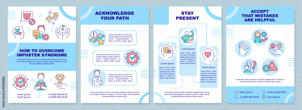 How to overcome imposter syndrome blue brochure template. Leaflet design with linear icons. Editable 4 vector layouts for presentation, annual reports. Arial-Black, Myriad Pro-Regular fonts used