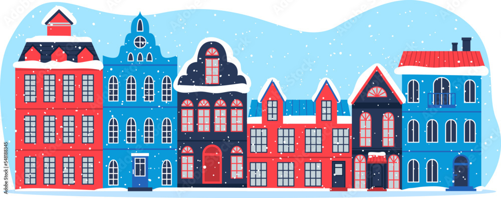 Christmas decorated city house facade, New Year greeting card with a small town cottage house vector illustration.
