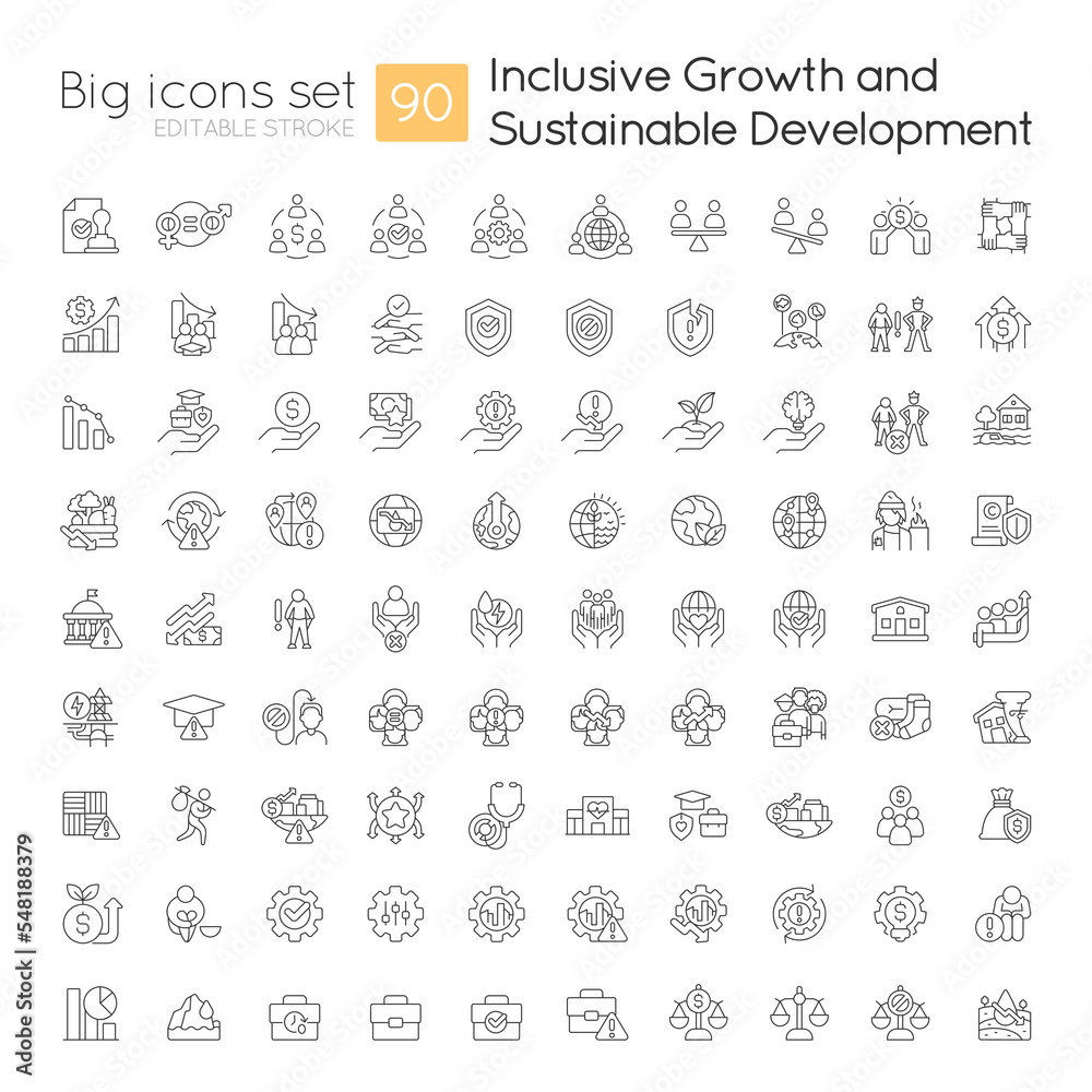 Inclusive growth and sustainable development linear icons set. Fair economy. Customizable thin line symbols. Isolated vector outline illustrations. Editable stroke. Quicksand-Light font used Inclusive growth and sustainable development linear icons set. Fair economy. Customizable thin line symbols. Isolated vector outline illustrations. Editable stroke. Quicksand-Light font used
