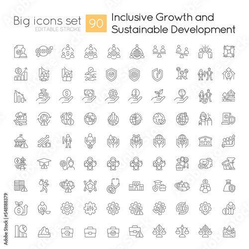 Inclusive growth and sustainable development linear icons set. Fair economy. Customizable thin line symbols. Isolated vector outline illustrations. Editable stroke. Quicksand-Light font used