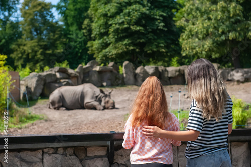 Woman with her daughter looking at wild rhinoceros in zoo