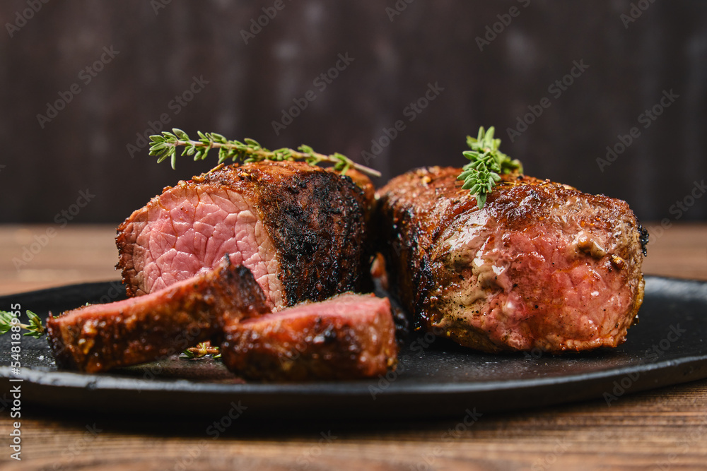 Closeup view of roasted beef steak