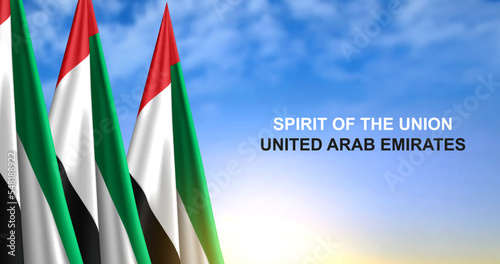 UAE flags on background of sunset or sunrise. Concept for National Holidays