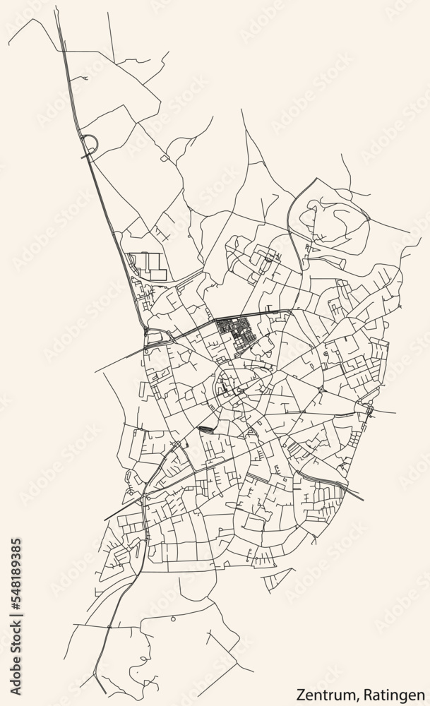 Fototapeta premium Detailed navigation black lines urban street roads map of the ZENTRUM MUNICIPALITY of the German regional capital city of Ratingen, Germany on vintage beige background