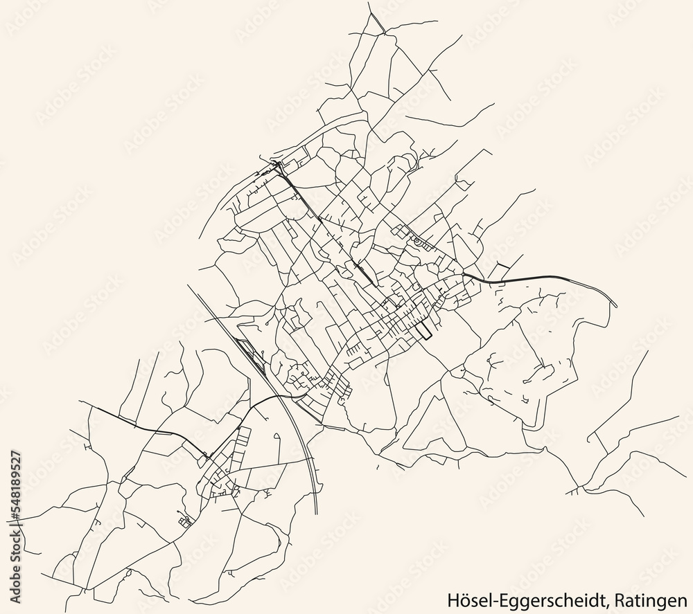 Detailed navigation black lines urban street roads map of the HÖSEL-EGGERSCHEIDT MUNICIPALITY of the German regional capital city of Ratingen, Germany on vintage beige background