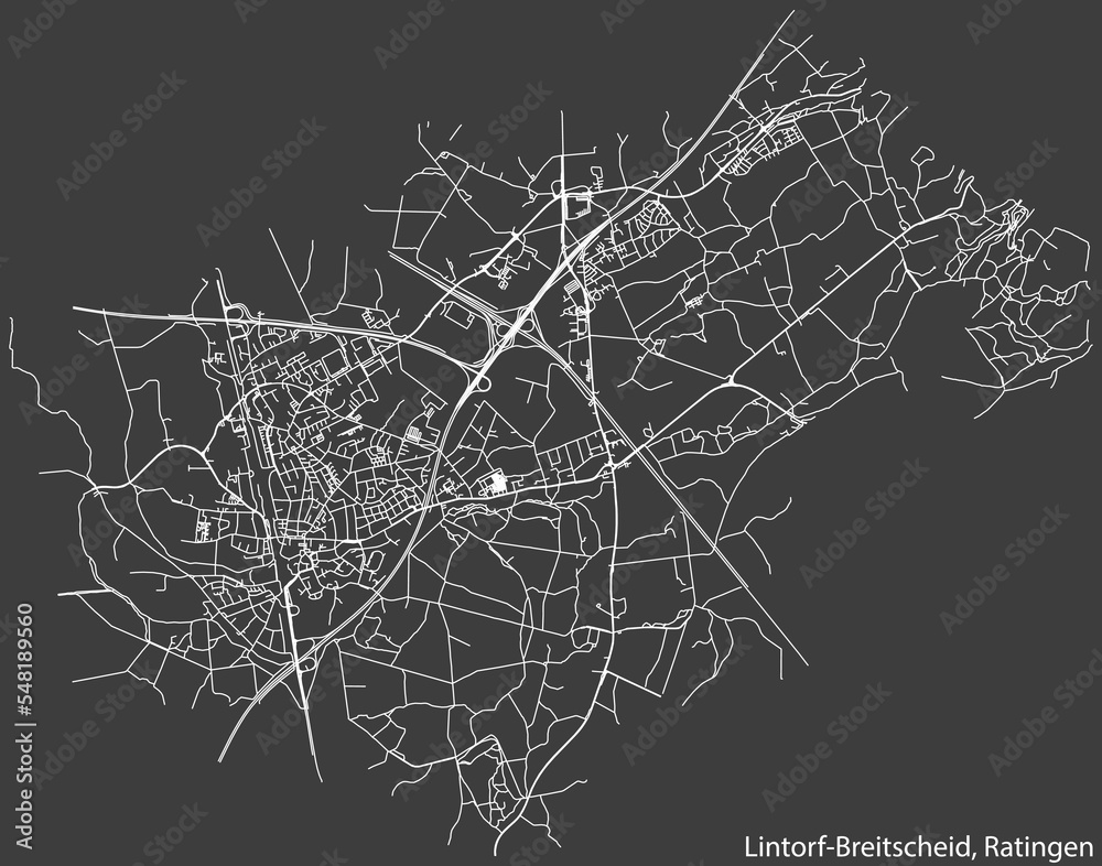 Detailed negative navigation white lines urban street roads map of the LINTORF-BREITSCHEID MUNICIPALITY of the German regional capital city of Ratingen, Germany on dark gray background