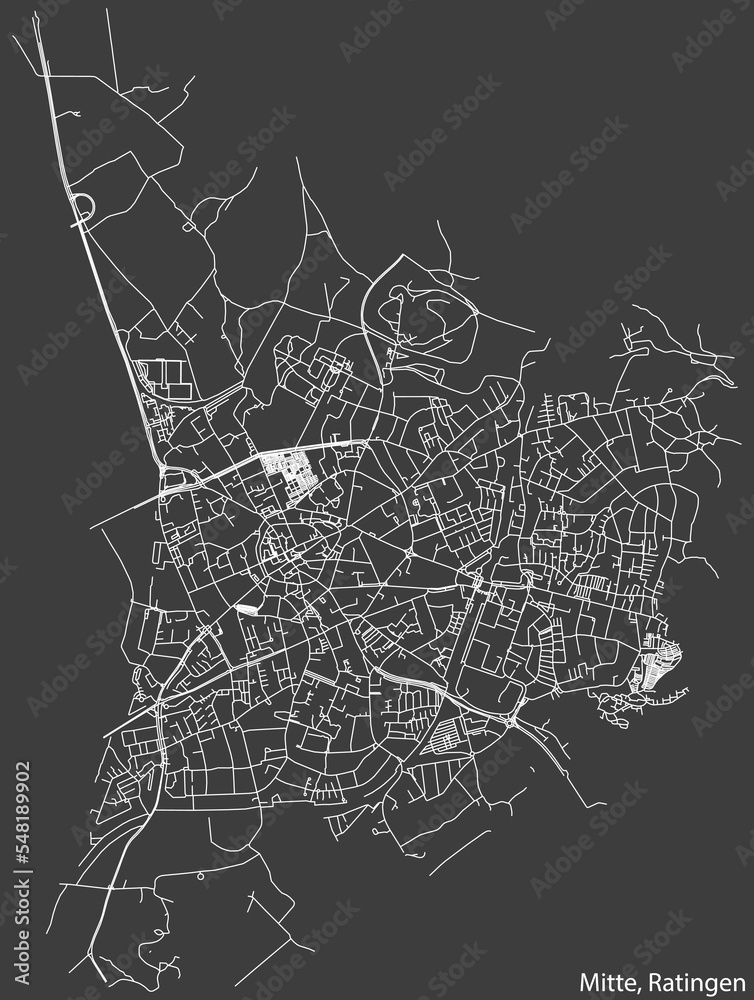 Detailed negative navigation white lines urban street roads map of the MITTE MUNICIPALITY of the German regional capital city of Ratingen, Germany on dark gray background