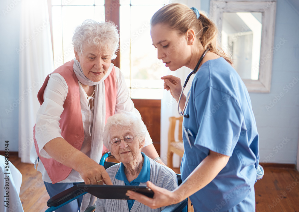 © David L/peopleimages.com - Doctor, tablet and visit for elderly care, consultation or healthcare diagnosis at old age home. Nurse or medical therapist working with touchscreen helping or consulting senior patient in wheelchair