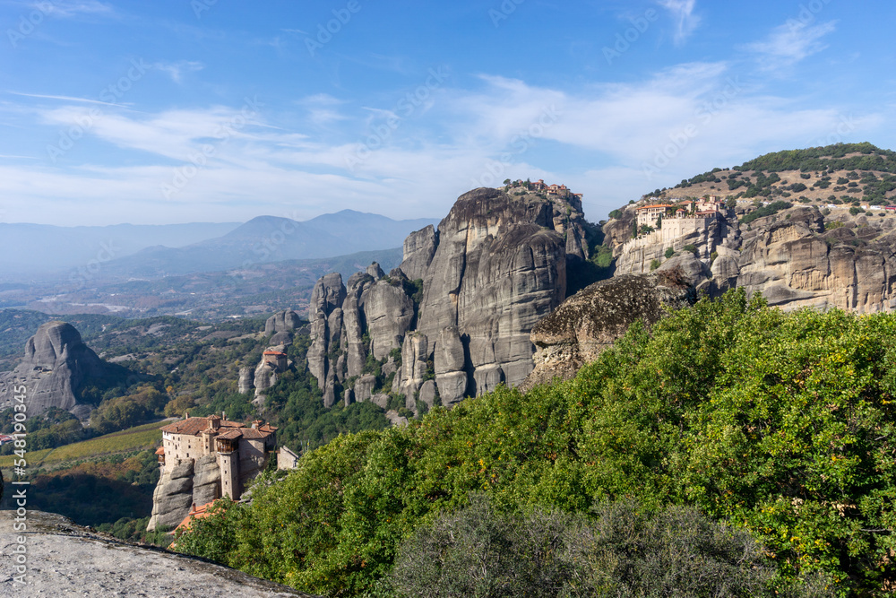 landscape of the Meteora rock formations with the Saint Nikolaos monastery