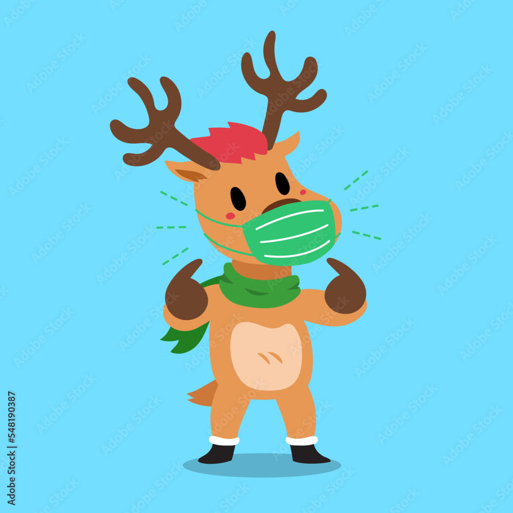 Vector cartoon christmas reindeer wearing protective face mask for design.