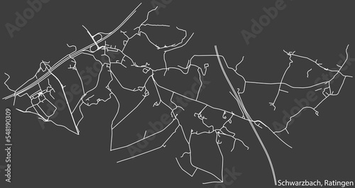 Detailed negative navigation white lines urban street roads map of the SCHWARZBACH MUNICIPALITY of the German regional capital city of Ratingen, Germany on dark gray background