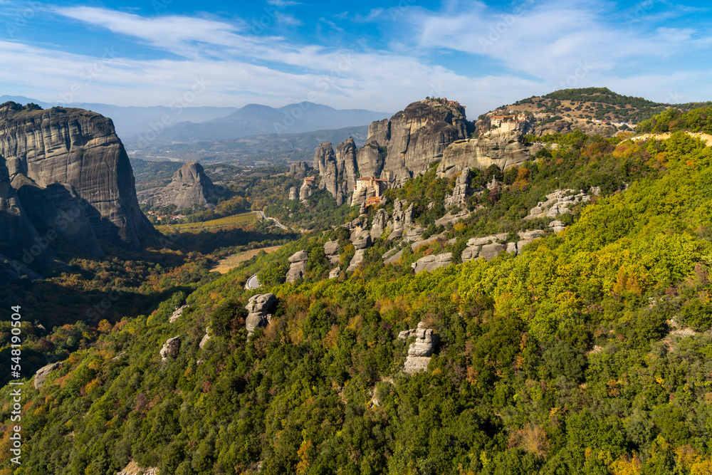 landscape of the Meteora rock formations with the famous monasteries on the hilltops
