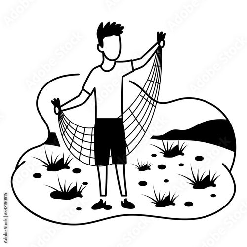 fisherman and equipment Concept, Fishing sport vector color icon design, Outdoor weekend Activity symbol, Travel Holiday Scene Sign, Relaxing people at Vacation stock illustration