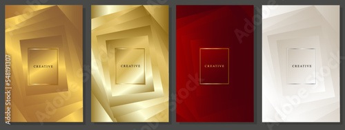 Luxury cover set. Overlapping rectangles, metallic effect. Bronze, gold, red and platinum graduated shade. Elegant brochures or backgrounds for invitations, template cards, prestigious presentations.