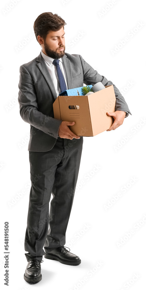 Fired young man holding box with personal stuff on white background Fired young man holding box with personal stuff on white background
