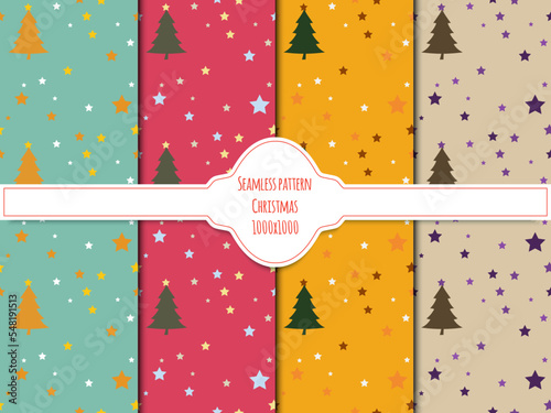 Set of Christmas and new year seamless pattern with Christmas tree and stars.