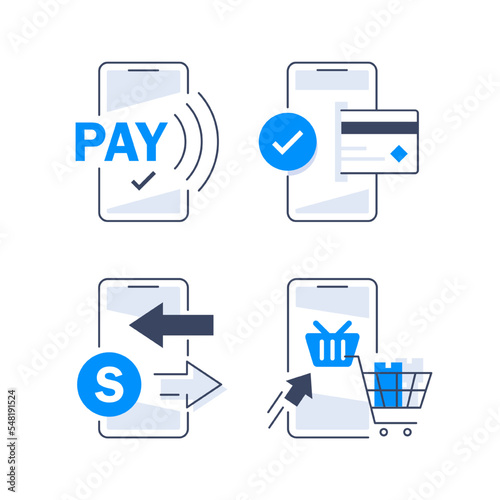 Mobile Payment. Smartphone with Online Payment. Credit card on screen phone. Online shopping. NFC payments. Banking, Finance app and e-payment. Pay by credit card via electronic wallet wirelessly