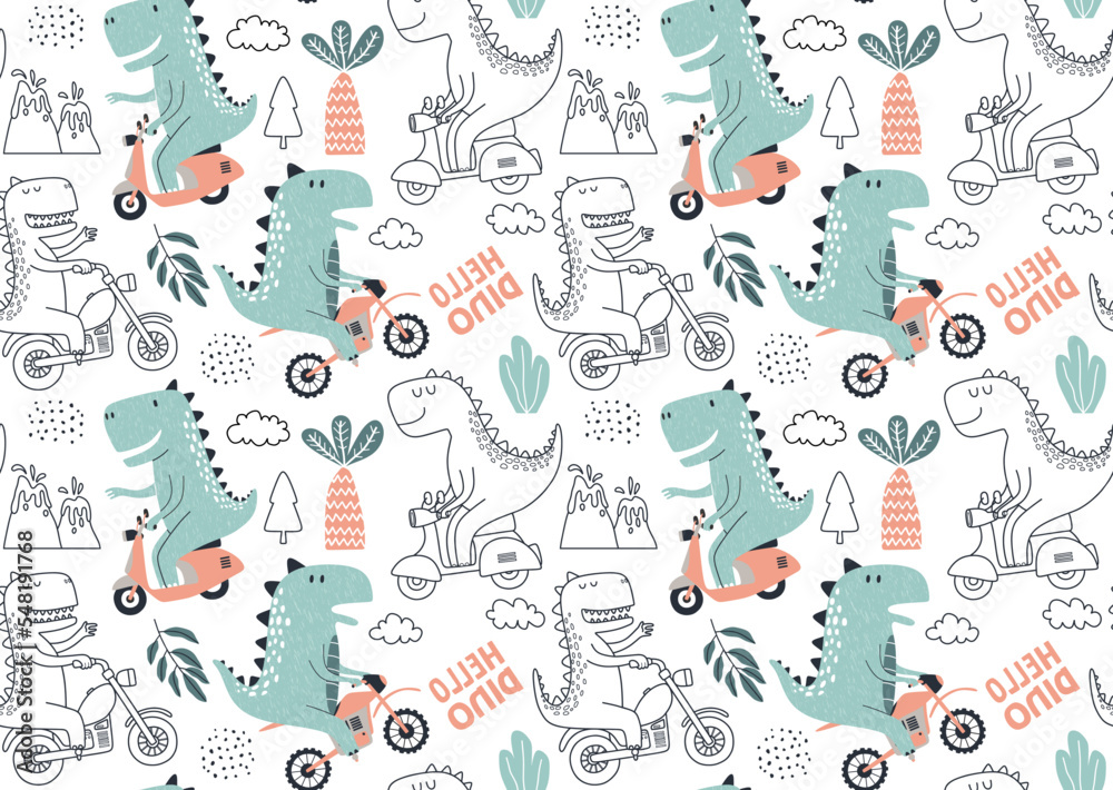 set of cute dinosaur print and seamless pattern with dinosaurs. vector illustration