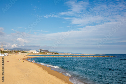 Barcelona beach in the Poblenou sector, in the Mediterranean looking towards Badalona photo