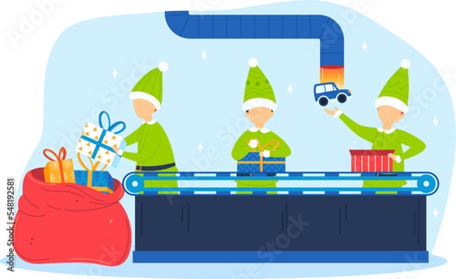 Santa claus helpers elves pack gifts at the toy factory vector illustration isolated on white, cheerful santa helper elf xmas holiday spirit miracle