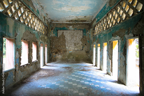 Lost Place in Eleousa. Derelict sanatorium. Historic Italian settlement. Detailed view of a former old cinema. Rhodes island  Greece.