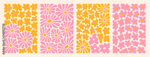 Groovy abstract flower art set. Organic doodle shapes in trendy naive retro hippie 60s 70s style. Contemporary poster and background. Floral botanic vector illustration in pink, yellow, orange colors.