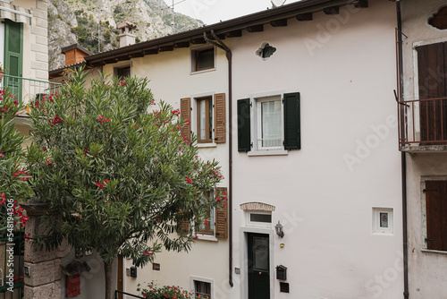 Old historic Italian architecture. Traditional European village rustic buildings. Flowers  wooden windows  shutters and pastel walls. Aesthetic summer vacation travel background