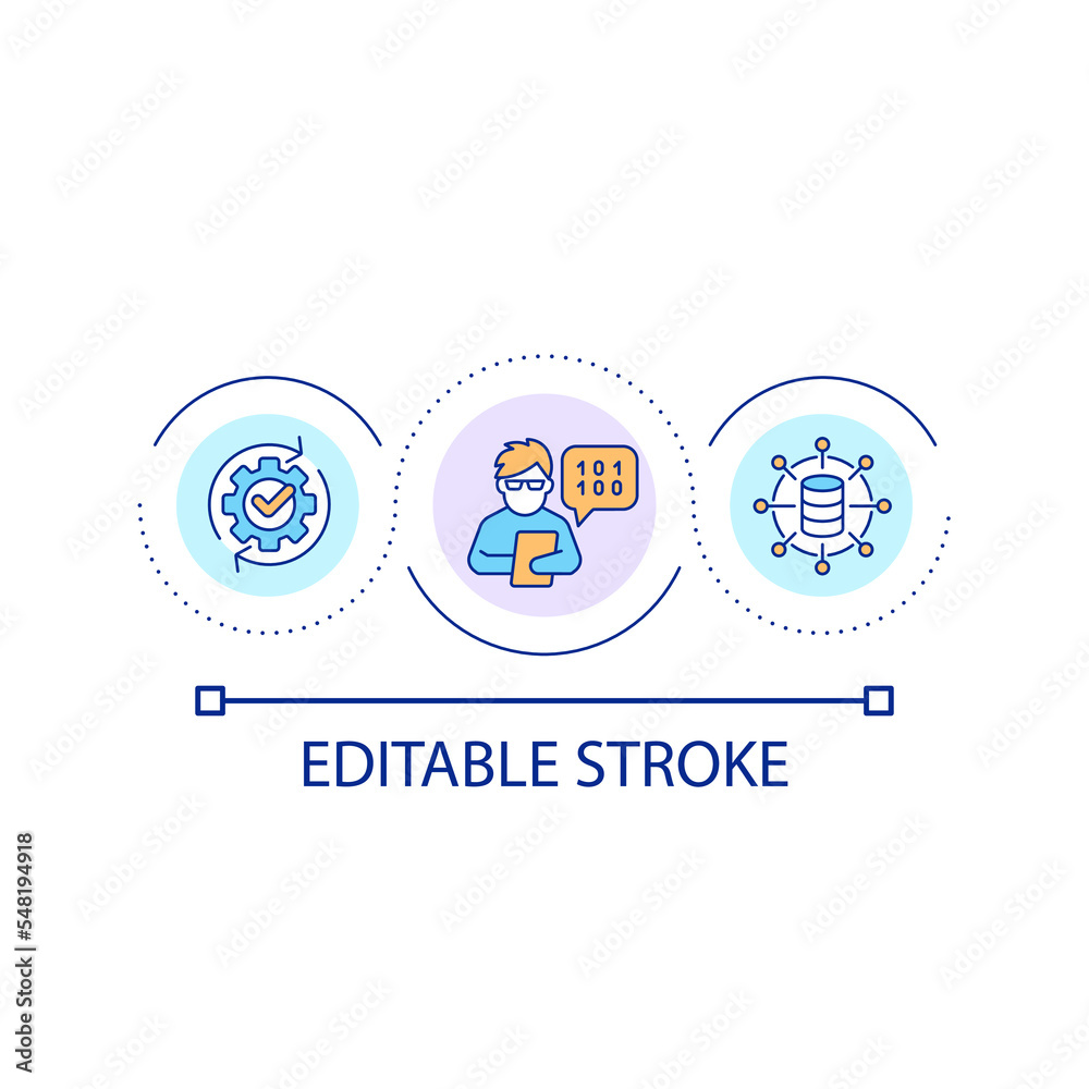 Database master loop concept icon. System analyst. Information management. Data administrator abstract idea thin line illustration. Isolated outline drawing. Editable stroke. Arial font used Database master loop concept icon. System analyst. Information management. Data administrator abstract idea thin line illustration. Isolated outline drawing. Editable stroke. Arial font used